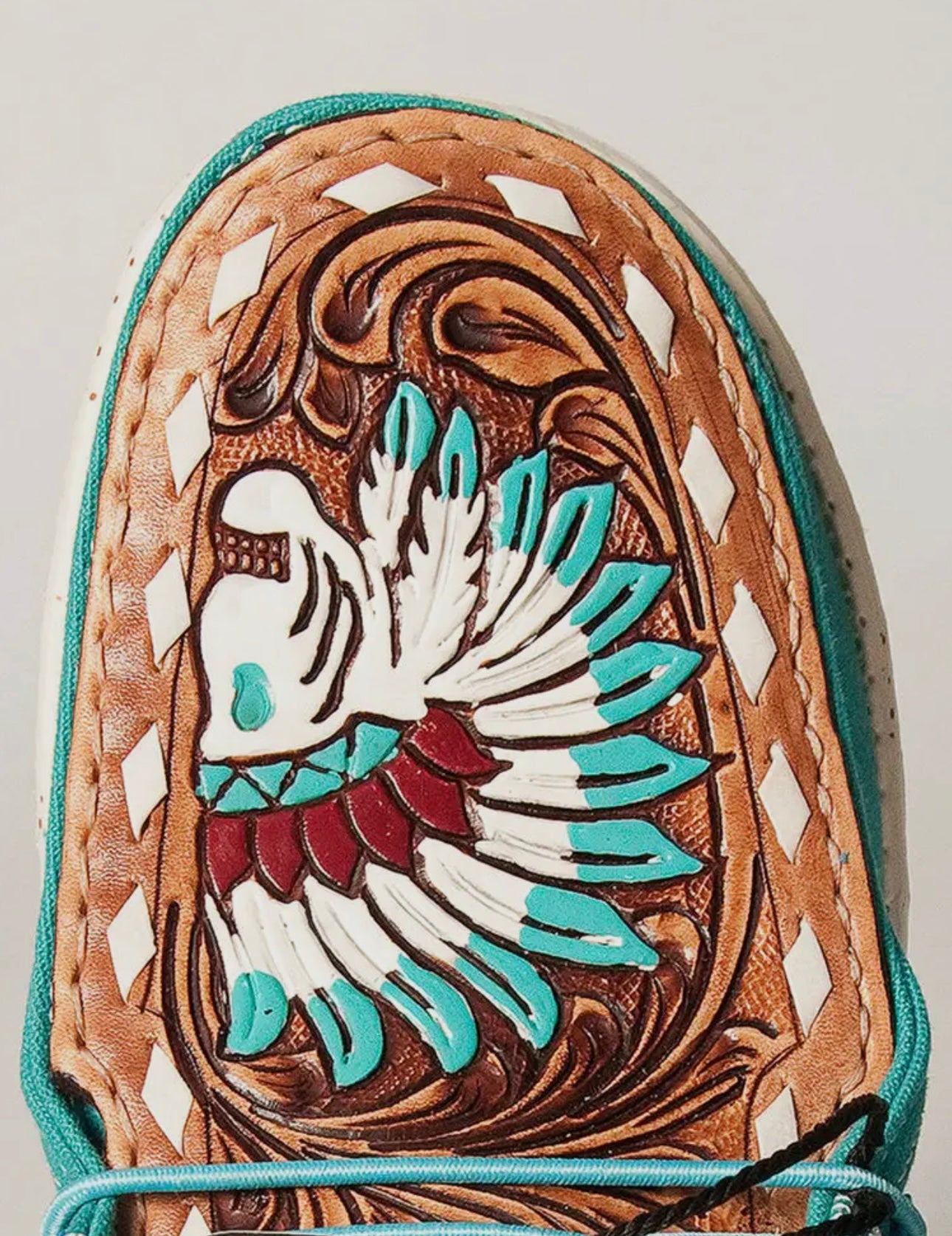 Teal slip on with tooled leather toe