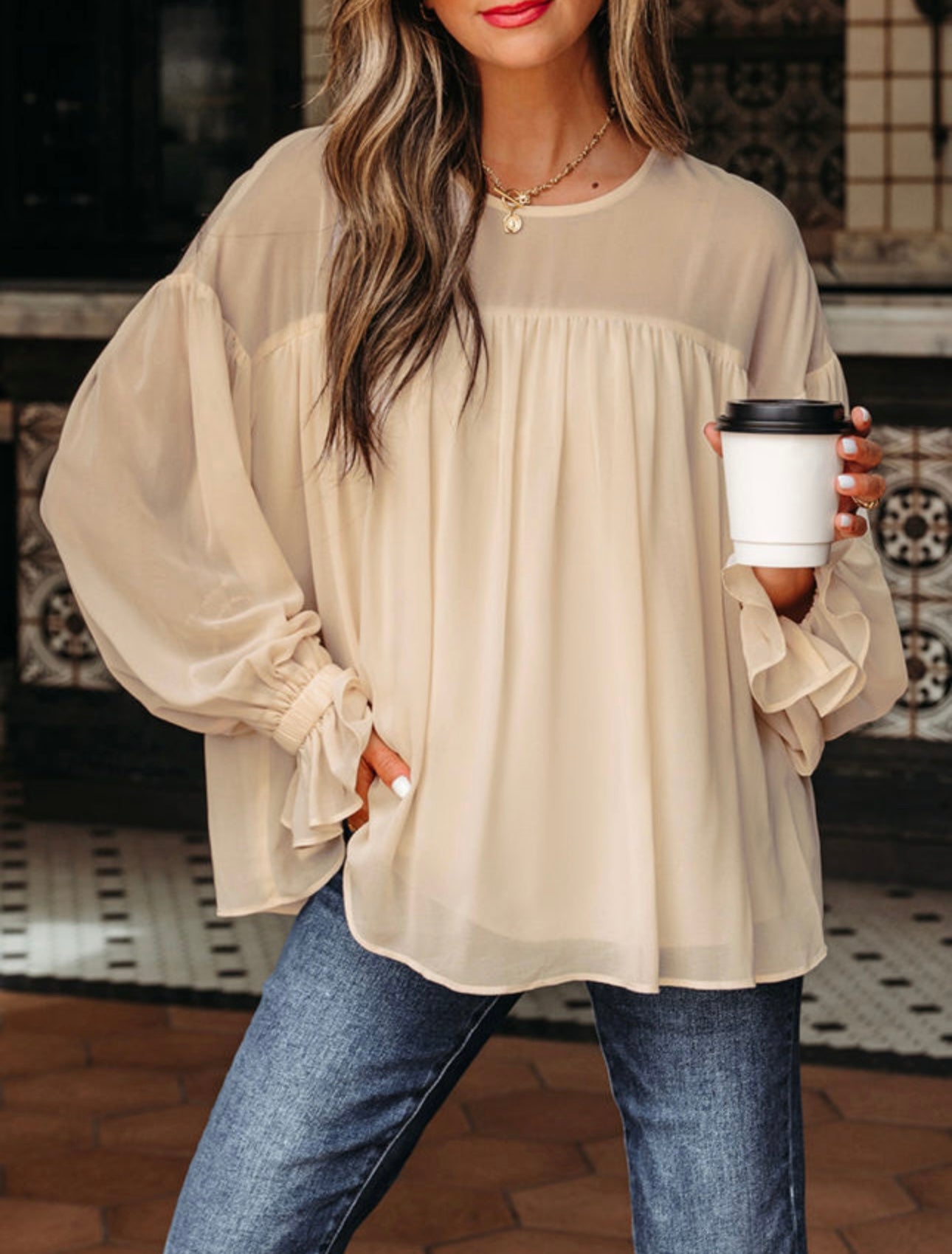 Parchment Pleated Ruffle Long Sleeve
Chiffon Blouse