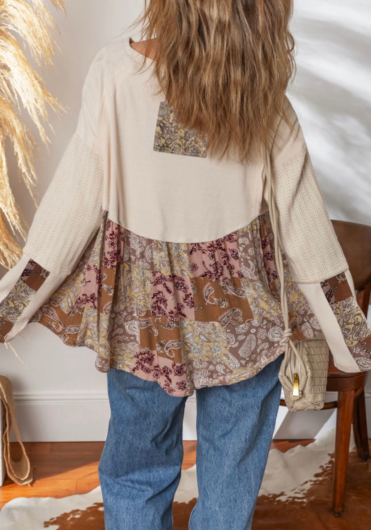 Beige Paisley Ethnic Print Contrast Patchwork Long Sleeve Loose Top