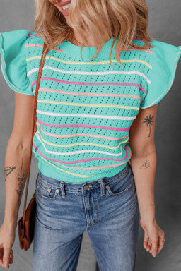 Green Colorful Striped Eyelet Knit Ruffle Top