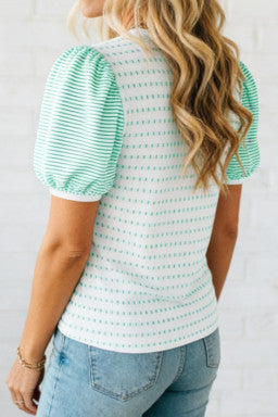 Green Striped Short Puff Sleeve Top