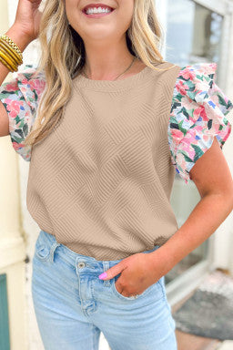 Parchment Abstract Print Tiered Ruffled Sleeve Textured Knit Top
