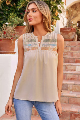 Apricot Shirred Contrast Stitch V Neck Sleeveless Shift Top