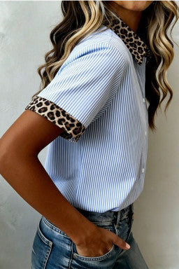 Sky Blue Stripe Leopard Contrast Collar Short Sleeve Shirt