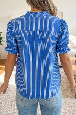 Blue Stripe Ruffled Short Puff Sleeve Button Front Blouse