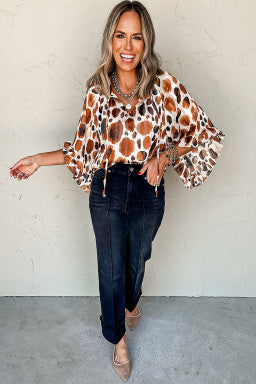Brown Metallic Threading Accents Pleated Abstract Printed Ruffled 3/4 Sleeve Blouse