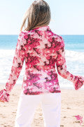 Rose Floral Mesh Flounce Sleeve Mock Neck Blouse