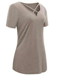 Plus Size Solid Color V-Neck Crisscross Casual Short Sleeve T-Shirt
