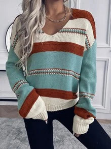V Neck Striped Pattern Sweater