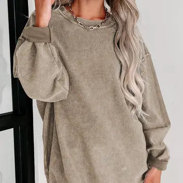 Solid Ribbed Knit Round Neck Pullover Sweatshirt