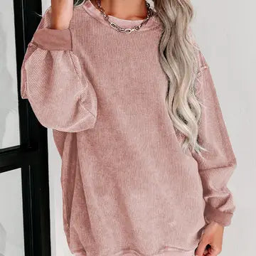 Solid Ribbed Knit Round Neck Pullover Sweatshirt