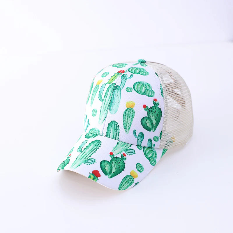 Cactus Print Crossover Ponytail Mesh Baseball Caps