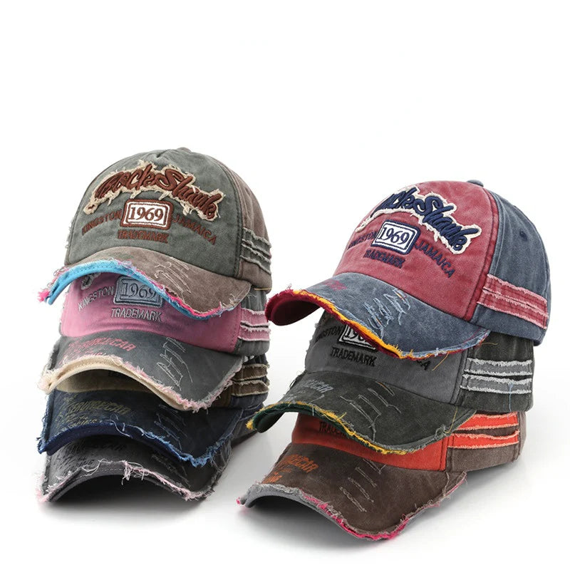 Washed Old Letter Embroidery Ripped Cap