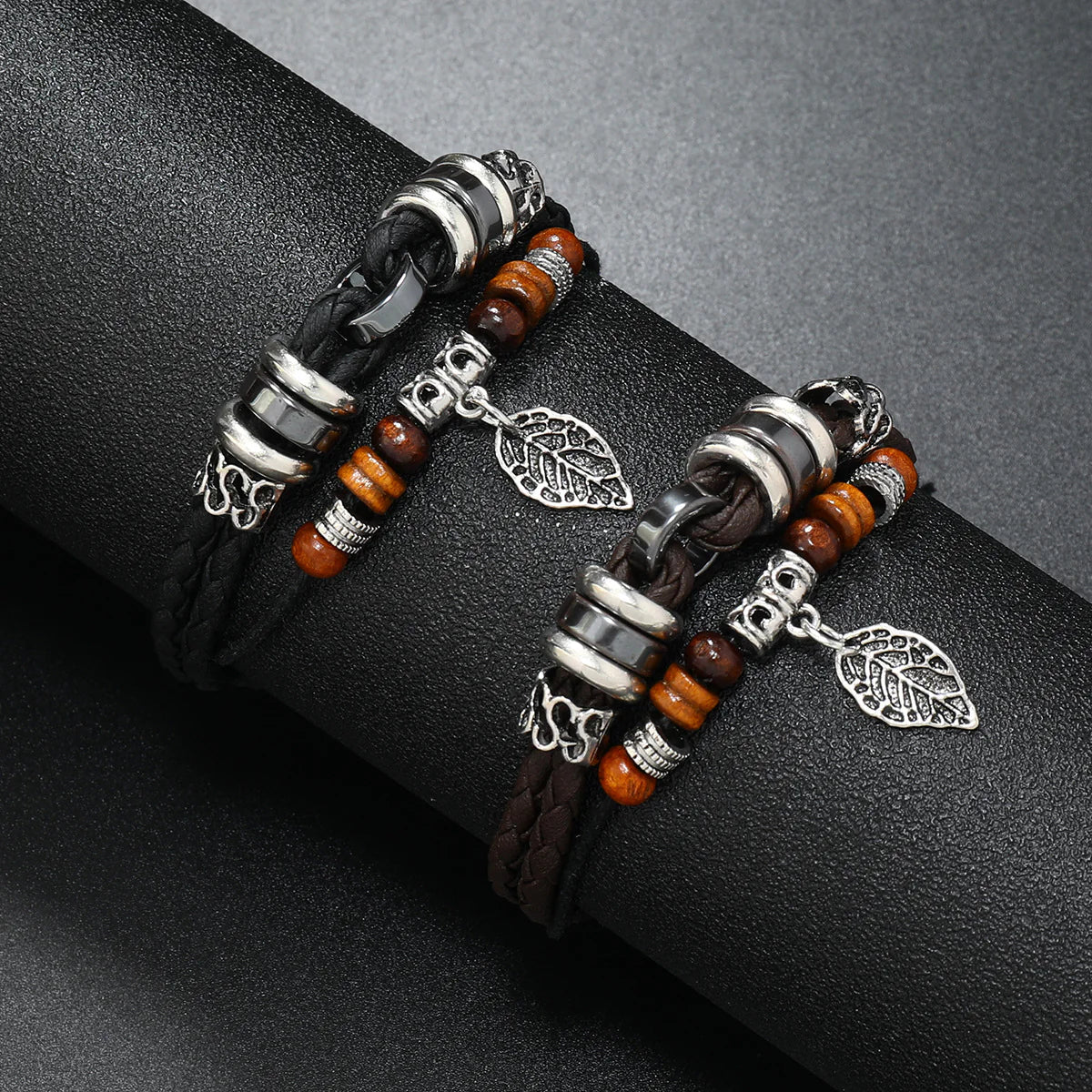 Beaded Multi-layer Woven Leaves Leather Bracelet