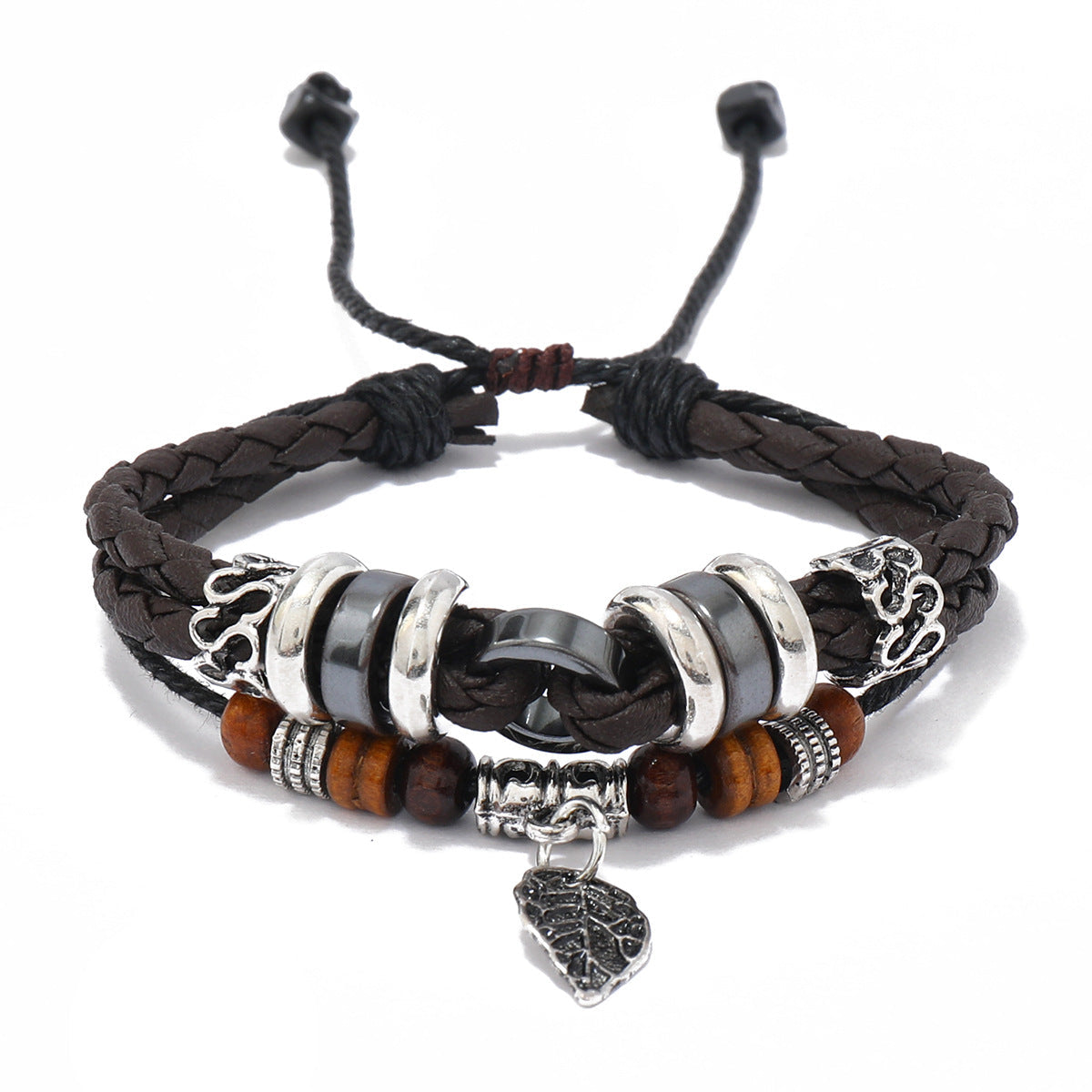Beaded Multi-layer Woven Leaves Leather Bracelet