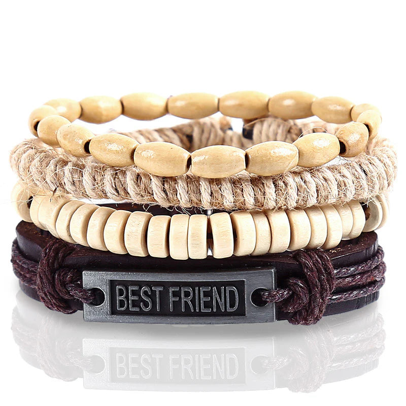 Vintage Beaded Leather Bracelets Alloy Leafs