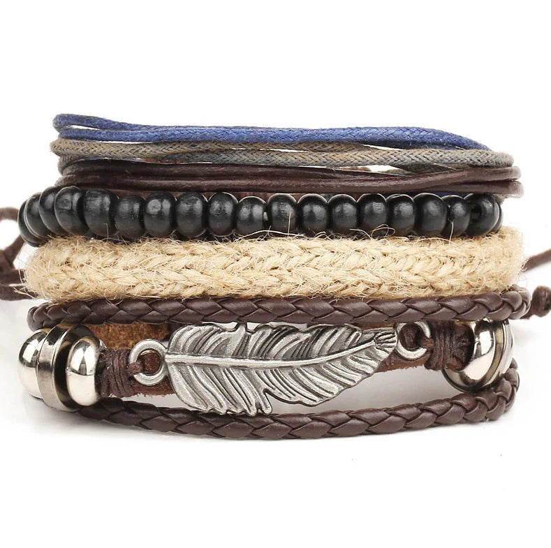 Vintage Beaded Leather Bracelets Alloy Leafs