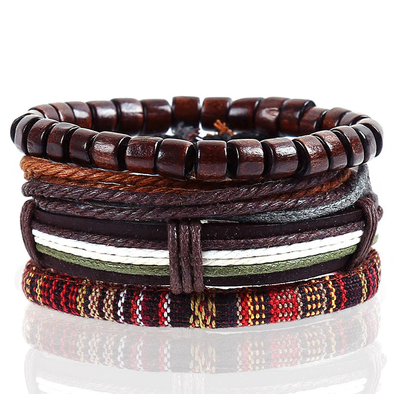 Vintage Beaded Leather Bracelets Alloy Leafs