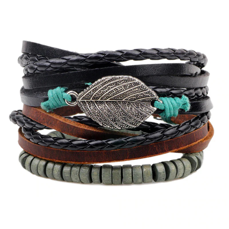 Vintage Beaded Leather Bracelets Alloy Leafs