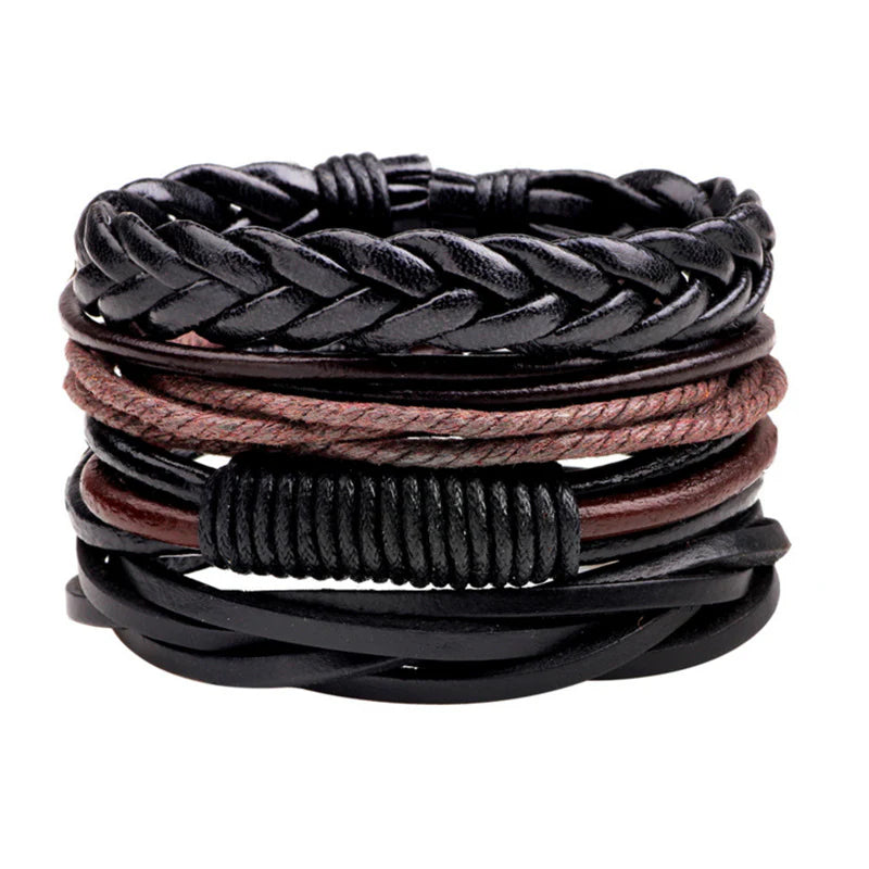 Vintage Beaded Leather Bracelets Alloy Leafs