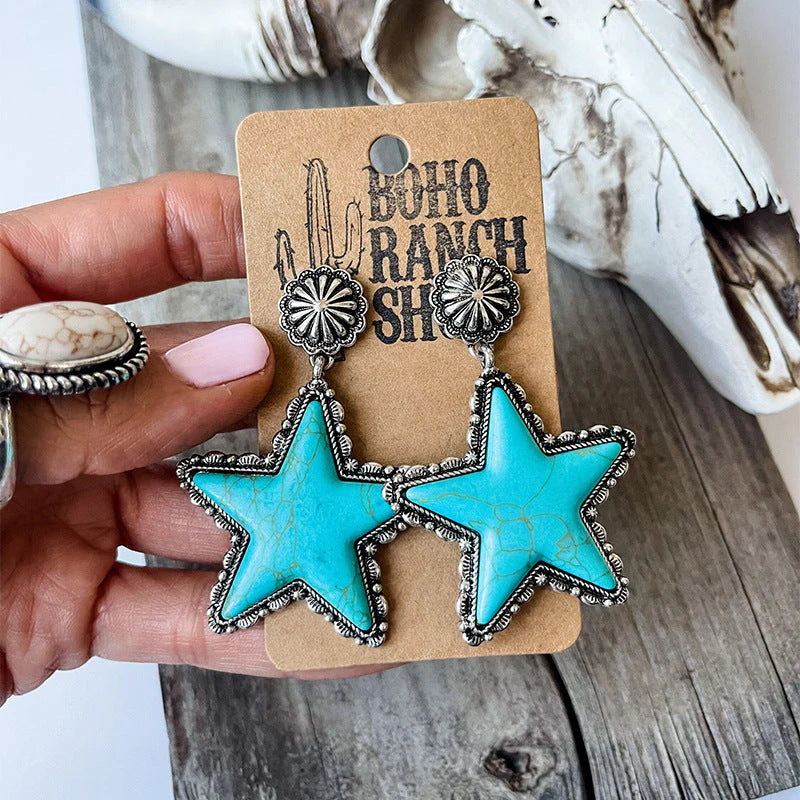 Western Fengda Five-point Star Turquoise Alloy Earrings