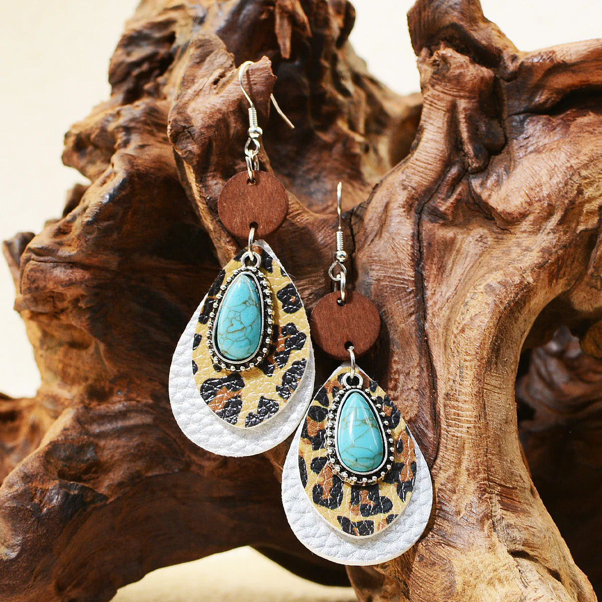 Western Style Multi-layer Leopard Patterned Alloy Turquoise Leather Earrings