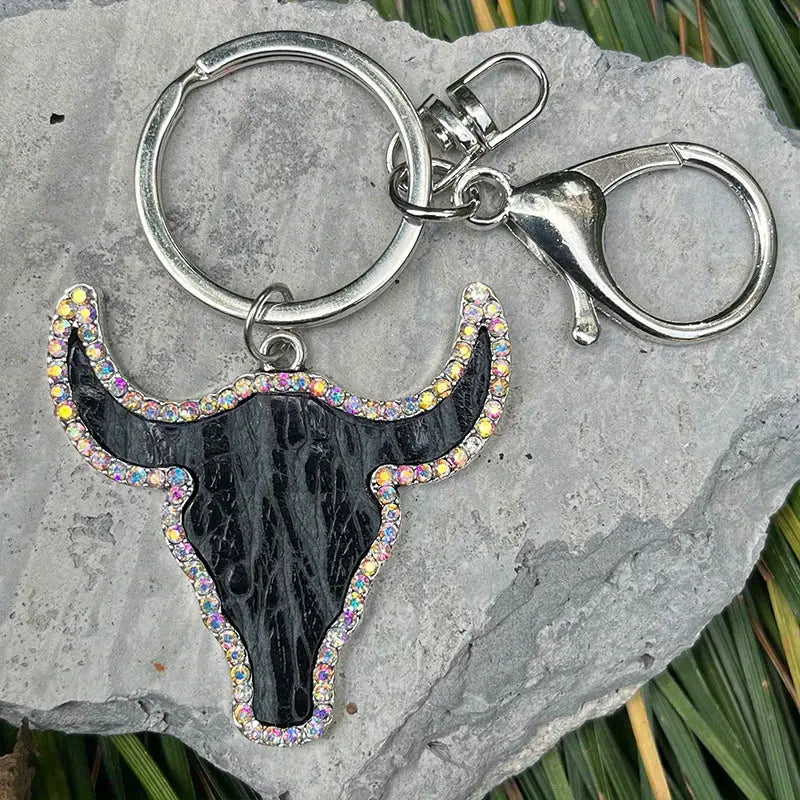 Embossed Cow Head Keychain with Dazzling Shiny Rhinestone Accents