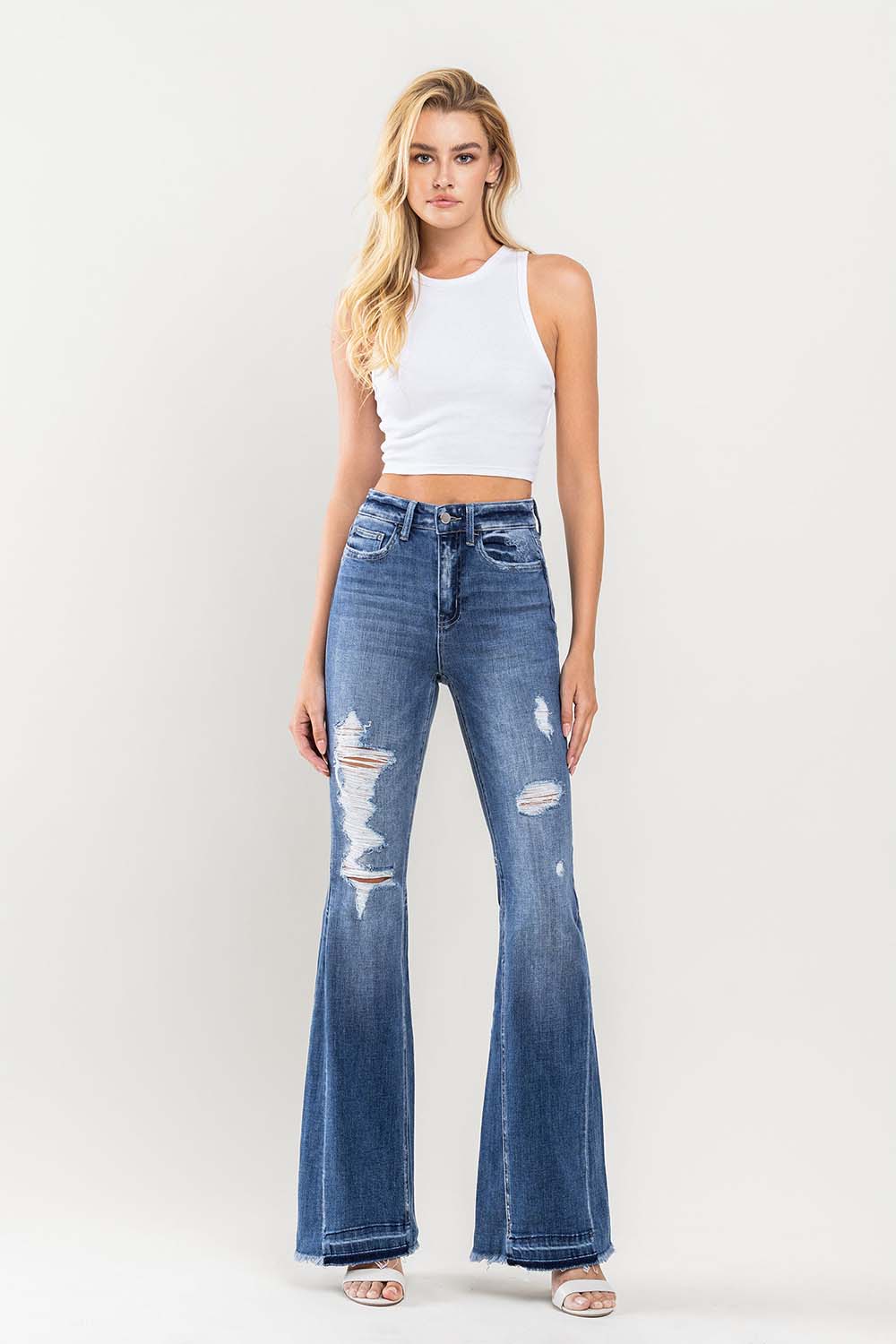 High Rise Distressed Panel Flare Jeans