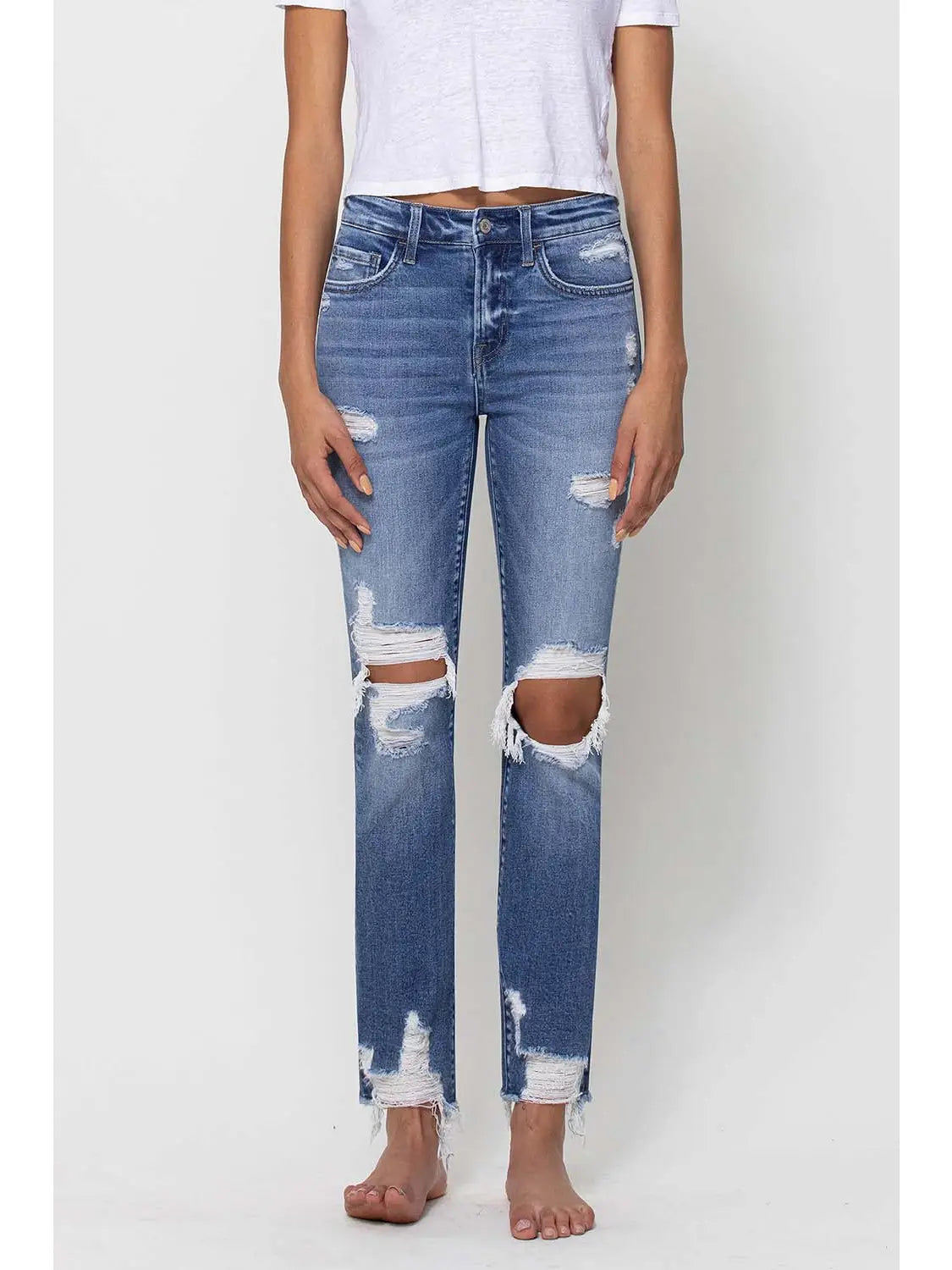 Mid Rise Distressed Ankle Slim Straight Jeans