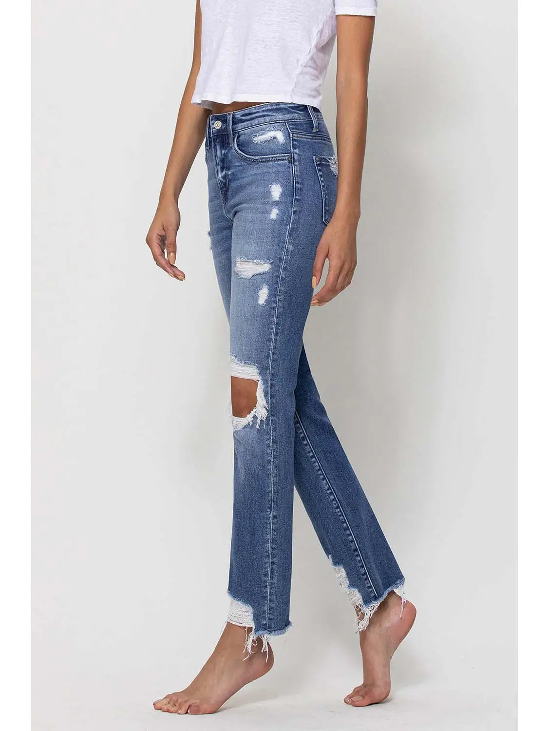 Mid Rise Distressed Ankle Slim Straight Jeans