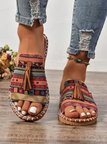 Fringe Decor Ethnic Style Flat Sandals
