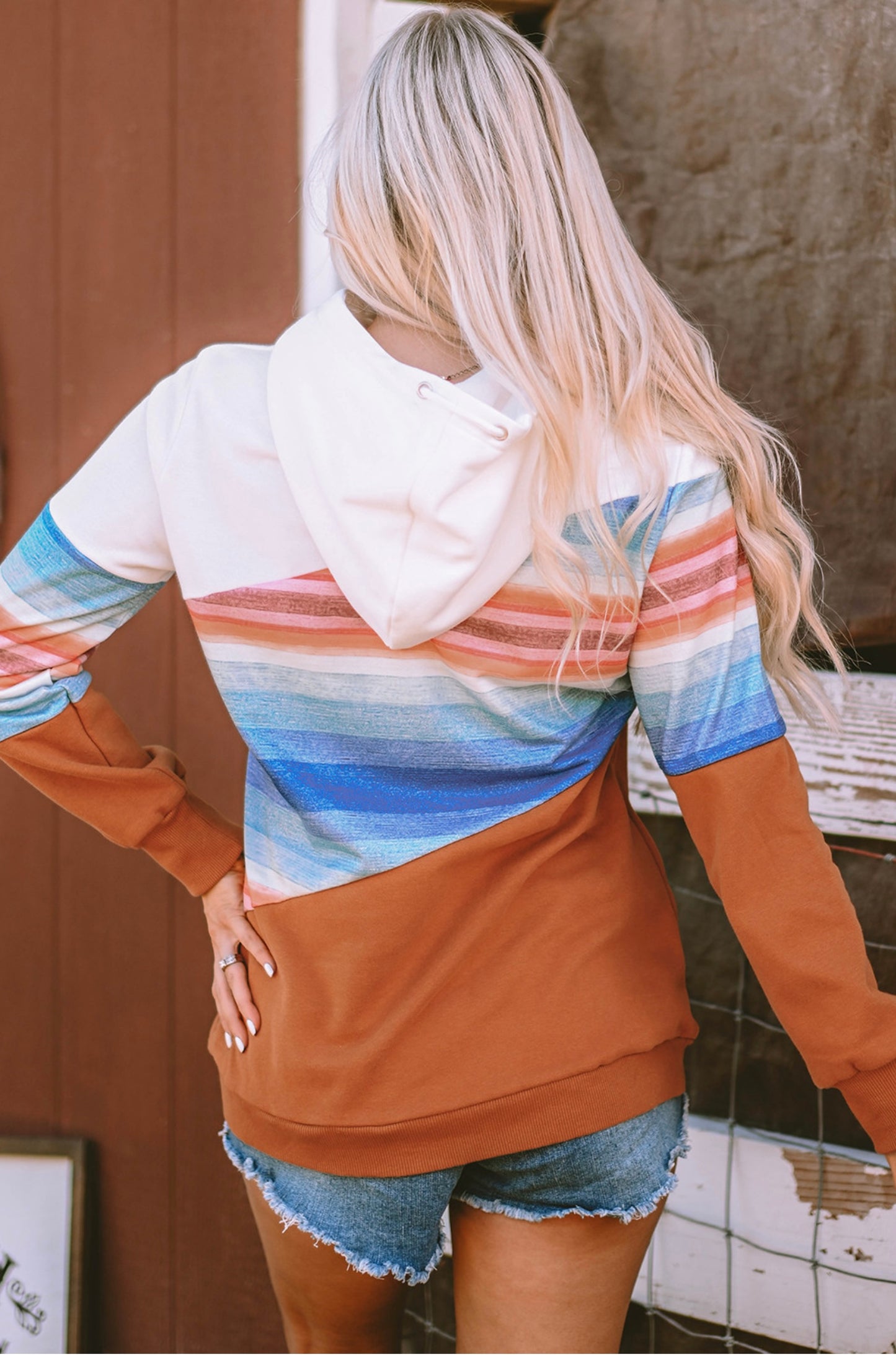 Brown Striped Colorblock Pocketed Hoodie