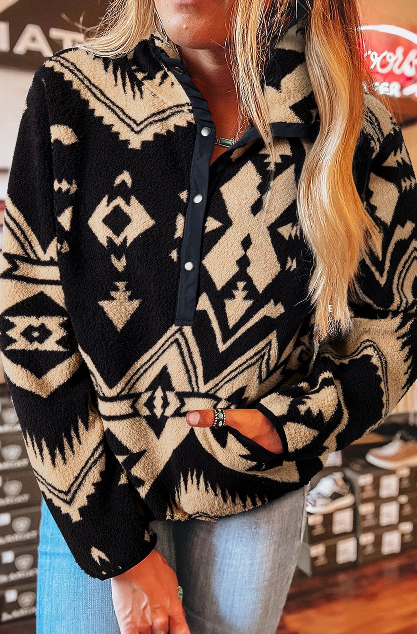 Black Western Aztec Half Zip Plush Sweatshirt Reg & Plus Size