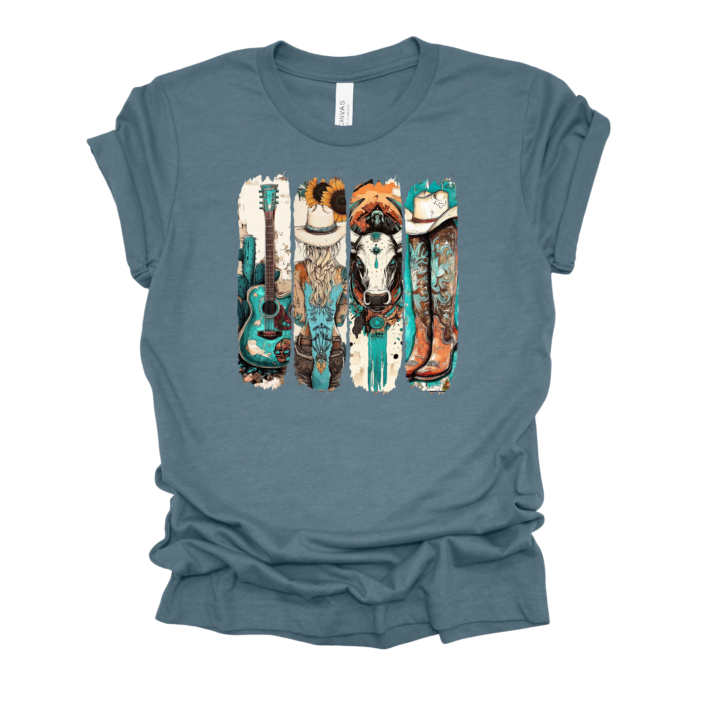 Western Cowgirl, Cowboy boots, Cow, & Guitar Design Tee