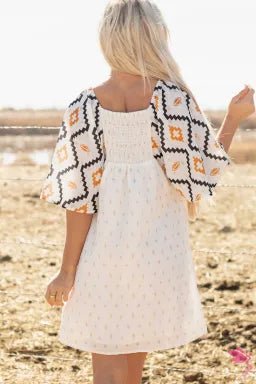 Beige Western Aztec Print Pleated Square Neck Loose Mini Dress