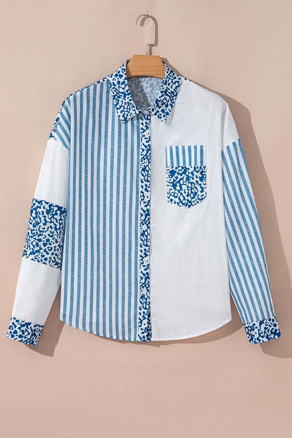 Sky Blue Leopard Striped Patchwork Button-up Shirt Shacket
