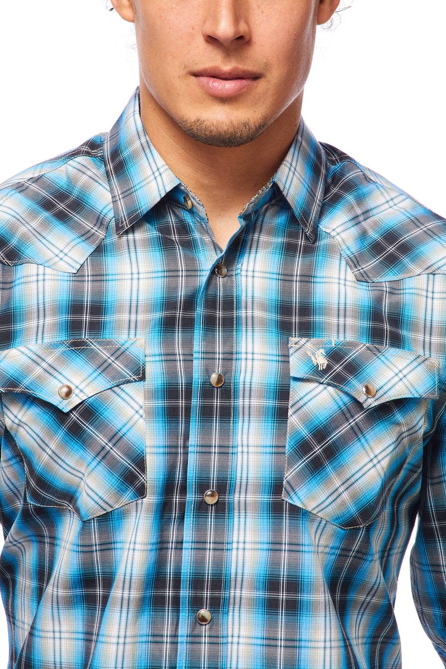 RODEO CLOTHING MEN'S PLAID WESTERN LONG SLEEVE SNAP SHIRTS: L
