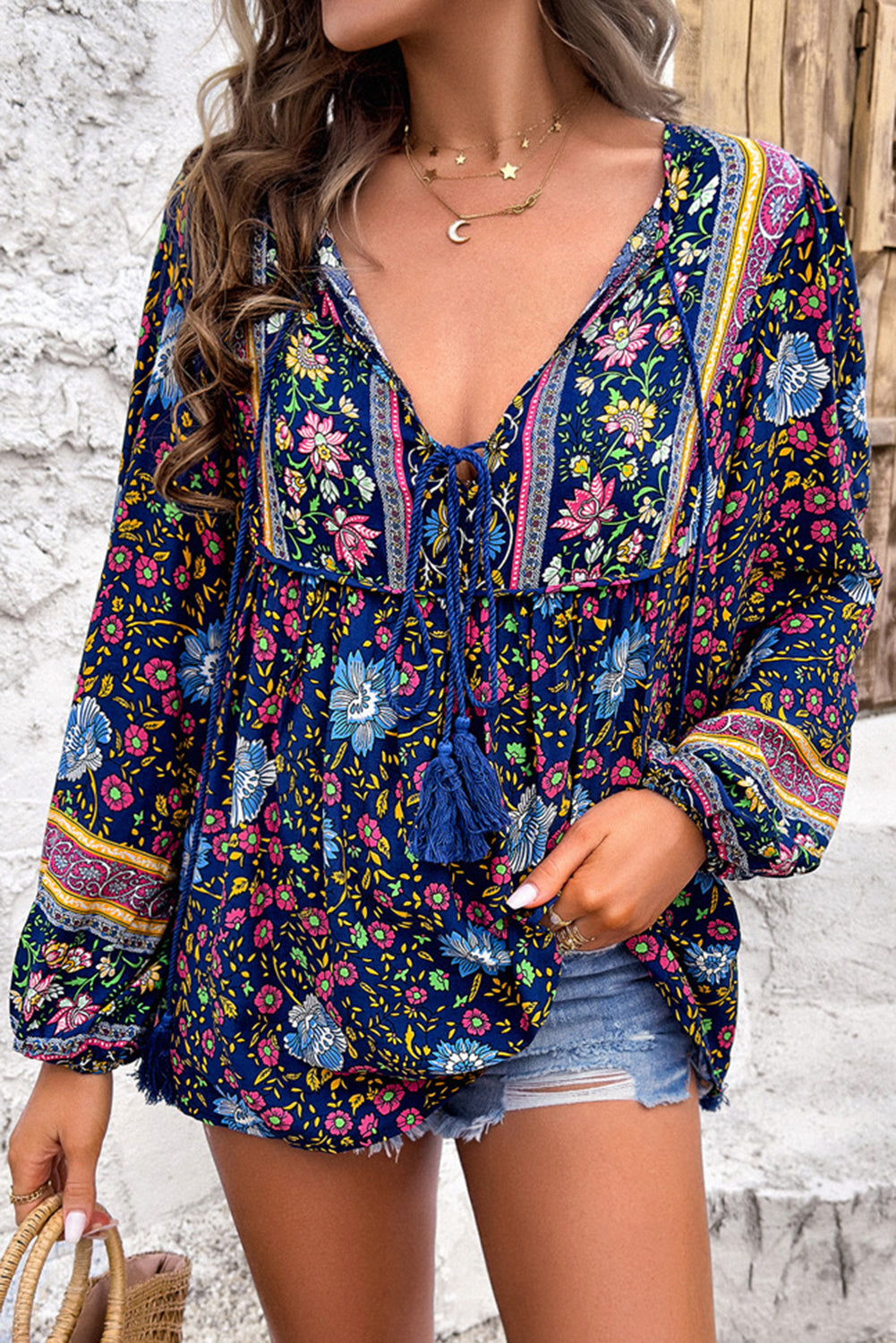 Red Bohemian Floral Print Tassel Tie Front Long Sleeve Blouse