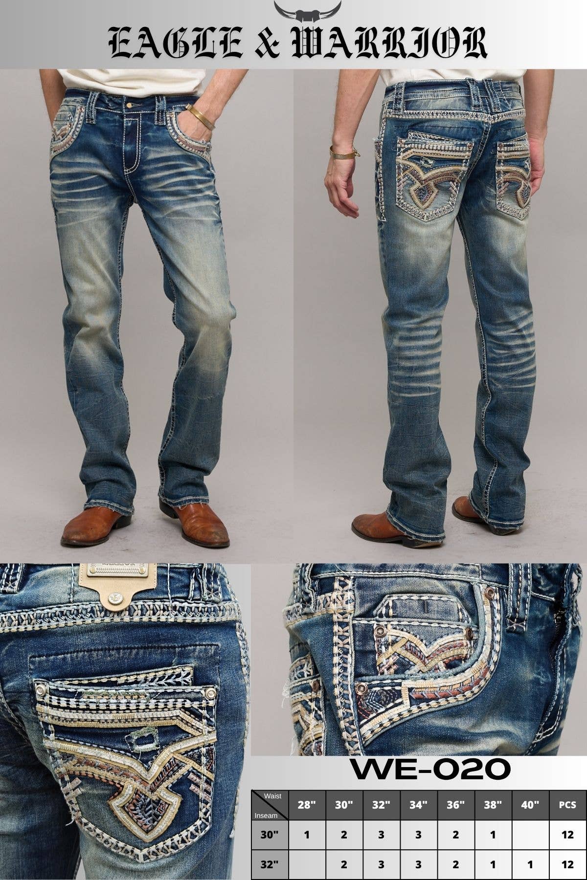 WE-020 Eagle Warrior Men's Western Straight Stretch Jeans: 32 / 40