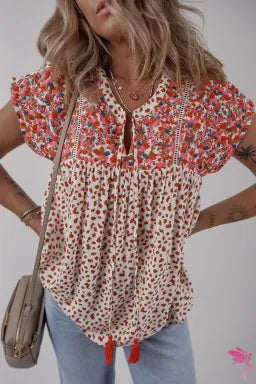 Red Printed Embroidery Detail Tie Split Neck Blouse