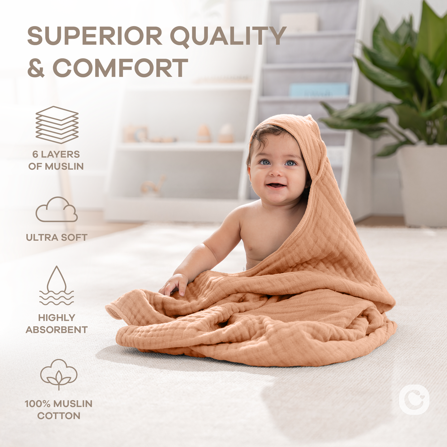 Hooded Baby Towel, 6 Layer 100% Muslin Cotton by Comfy Cubs: Mauve / Pack of 1