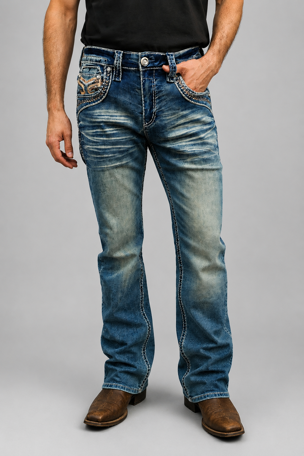 WE-021 Eagle Warrior Men's Western Straight Stretch Jeans: 32 / 36