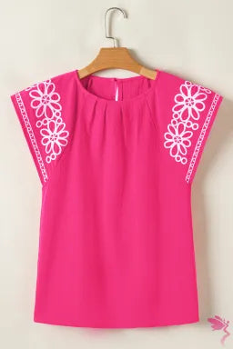Strawberry Pink Floral Embroidered Flutter Sleeve Pleated O Neck Blouse
