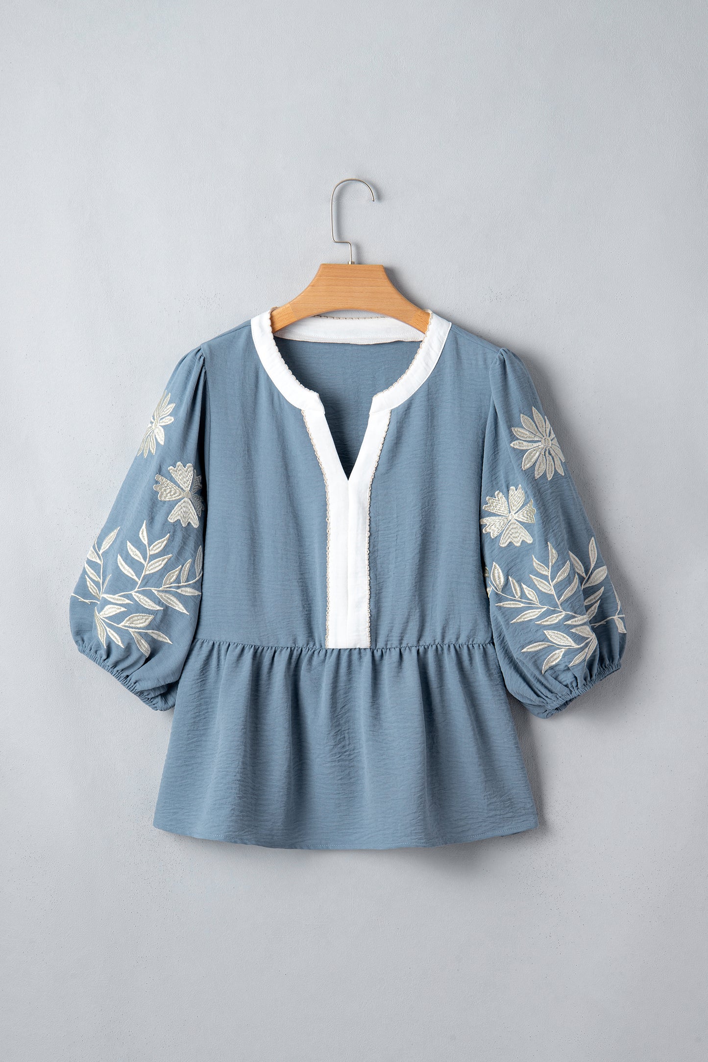 Smoke Green Color Block Patchwork V Neck Embroidered Puff Sleeve Babydoll Blouse