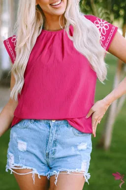 Strawberry Pink Floral Embroidered Flutter Sleeve Pleated O Neck Blouse