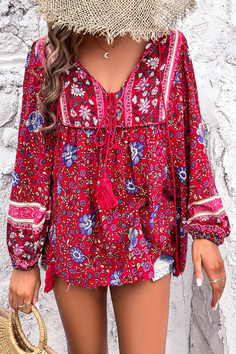 Red Bohemian Floral Print Tassel Tie Front Long Sleeve Blouse