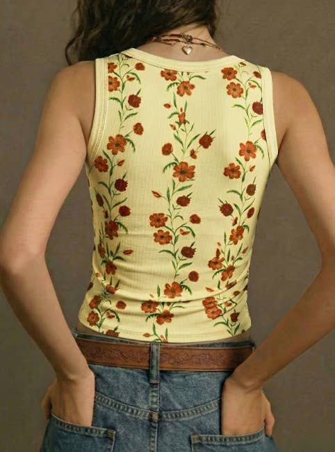 Boho Retro Floral Print Ribbed Knit Slim-Fit Tank Tops: Yellow / M