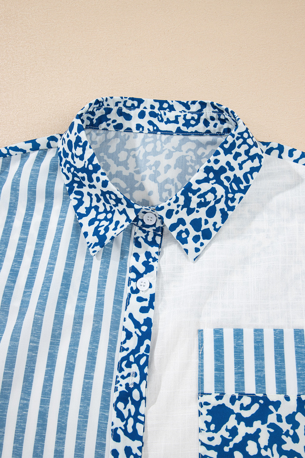 Sky Blue Leopard Striped Patchwork Button-up Shirt Shacket