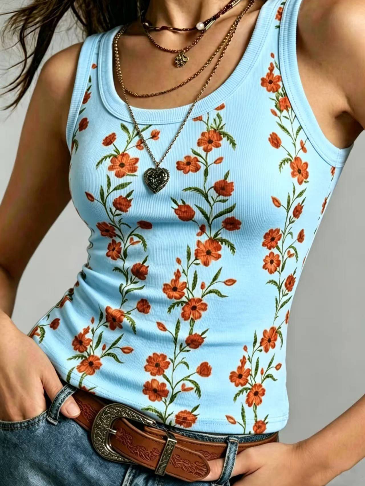 Boho Retro Floral Print Ribbed Knit Slim-Fit Tank Tops: White / 2XL