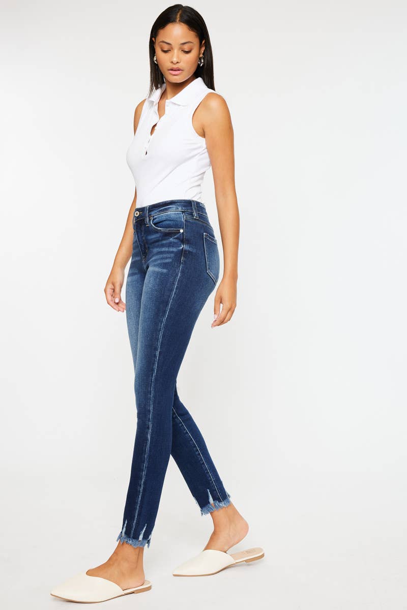 HIGH RISE FRAY HEM SUPER SKINNY JEANS-KC7121D: DARK / 5/26